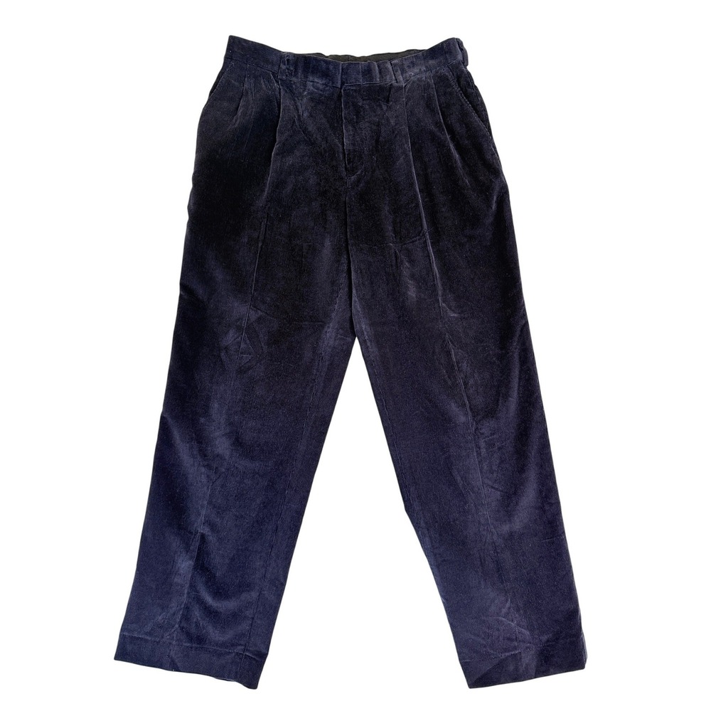 Lands' End Corduroy Pants Mens 33 Navy Blue Pleated Traditional Fit 44958